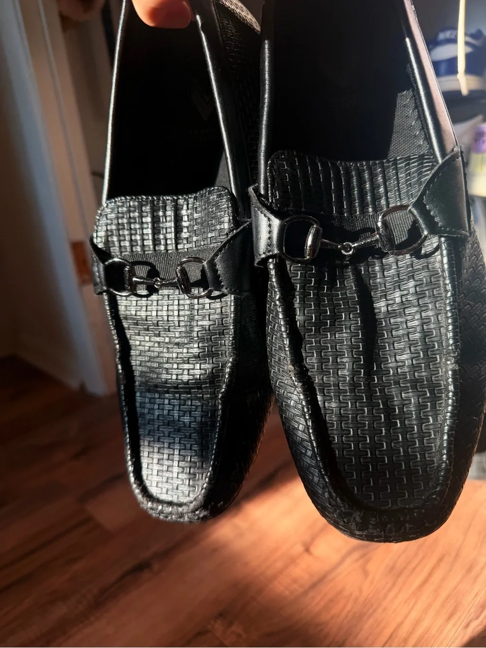Men's Black Woven Leather Bit-Style Slip-On Loafers